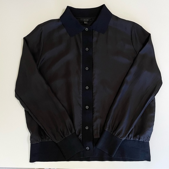 COS Knit Trim Silk Button Front Long Sleeve Top Black 4 XS / Small - Picture 7 of 13